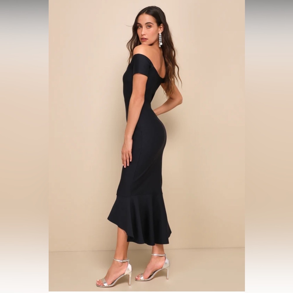 NWT LULUS How Much I Care Midnight Blue Off-the-Shoulder Midi Dress - Picture 2 of 8